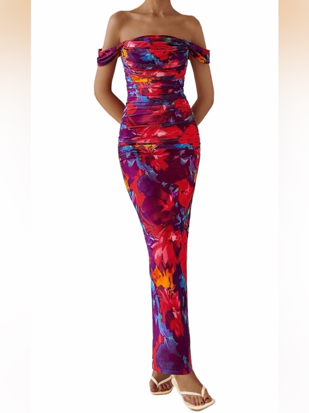 Off-Shoulder Floral Bodycon Gown in Red & Purple